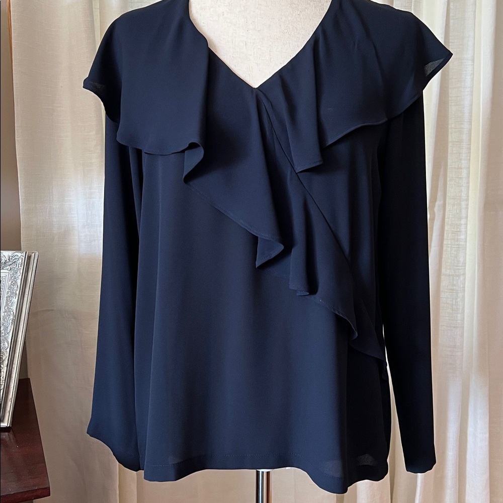 LOFT Navy Blouse with Ruffle Accents